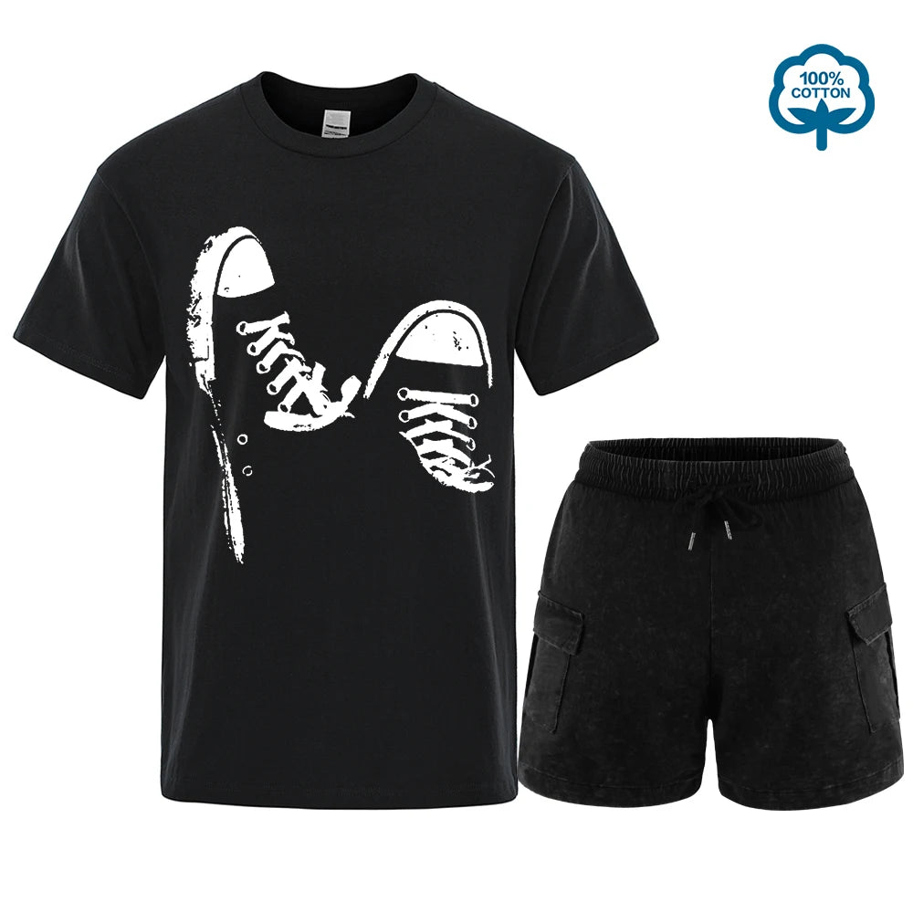 Hot Sale 100% Cotton Casual Short Sleeve Skate Shoes Men t Shirt Set Summer Breathable Clothes O-Neck Oversized Short Sleeves