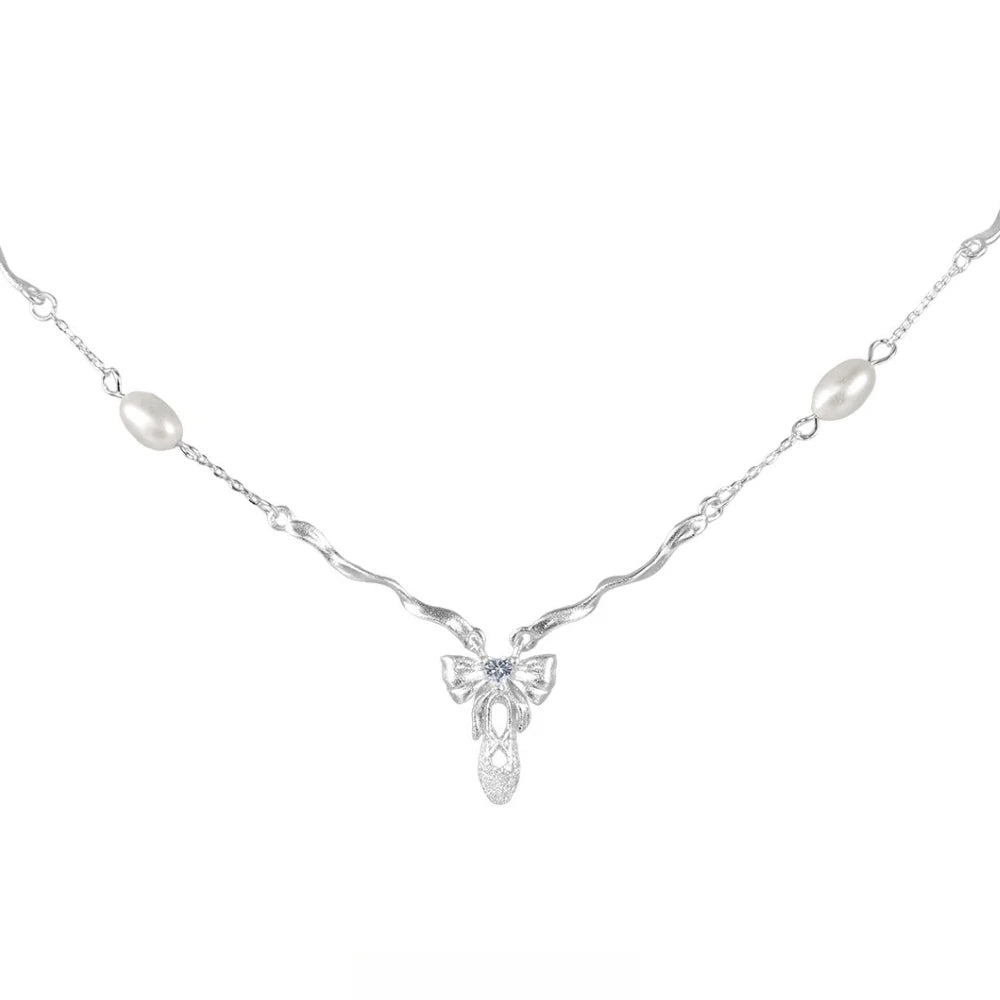 Bowknot Ballet Shoes Pendant S925 Sterling Silver Necklace Women's Fashion Freshwater Pearl Jewelry Original Design Wholesale