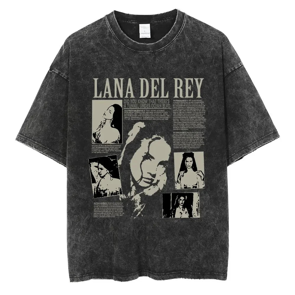 90s Singer Lana Del Rey Washed T-Shirt Harajuku Men Women Retro Short-Sleeve Fashion T-Shirts Oversized Cotton Tees Streetwear