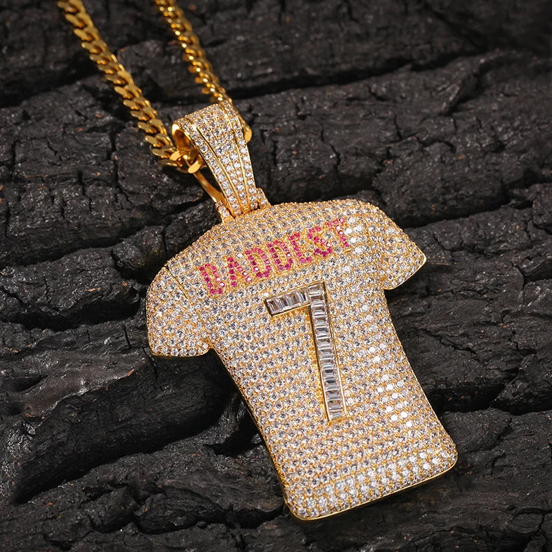 Hip Hop Full CZ Stone Paved Bling Ice Out Baddesy Number 7 Basketball Jersey Pendants Necklace for Men Rapper Jewelry