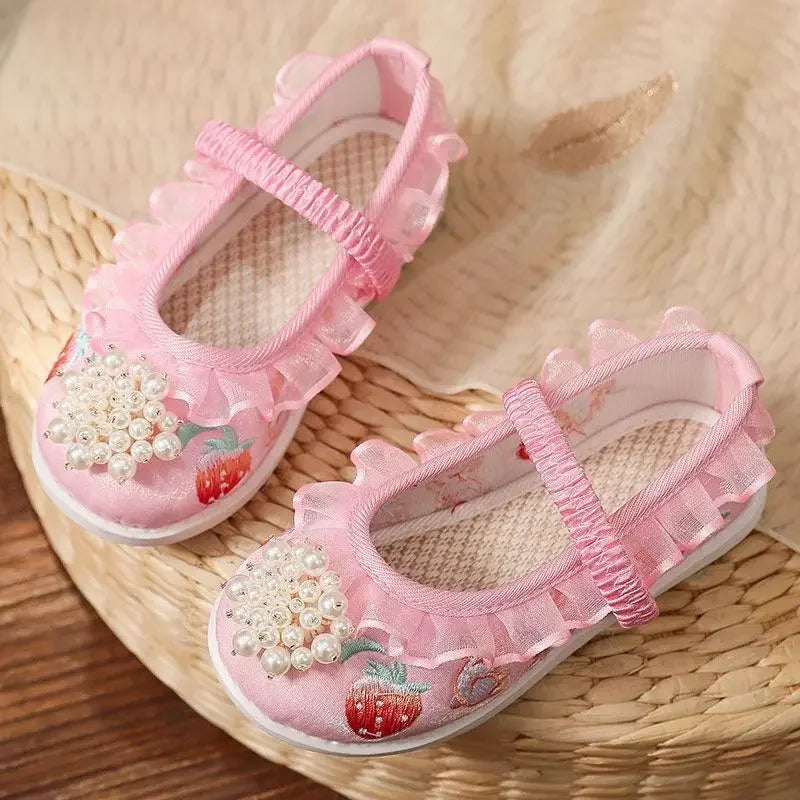 Cartoon Hanfu Shoes Girls Children Chinese 3D Embroidered Shoes Hanfu Handmade Soft Sole Cloth Shoes Kids Girls 2-13Y