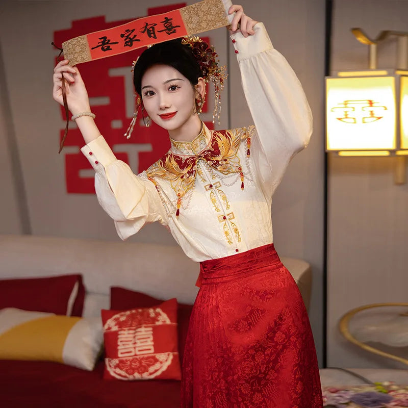2024 New Chinese Style Cloud Shoulder Shirt Horse-Face Skirt Suit Women's Bride Engagement Wedding Toast Family Visiting Shoes