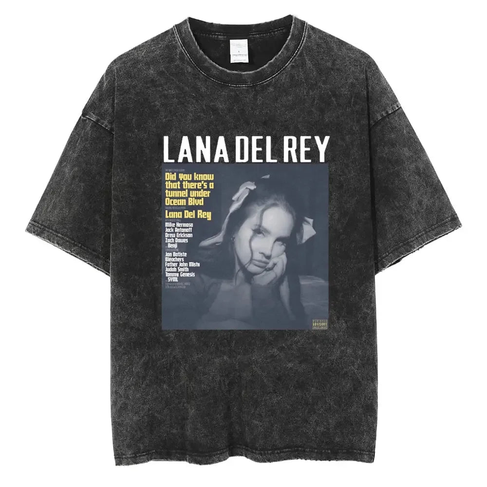 90s Singer Lana Del Rey Washed T-Shirt Harajuku Men Women Retro Short-Sleeve Fashion T-Shirts Oversized Cotton Tees Streetwear