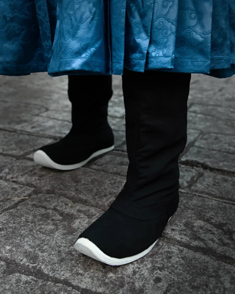 Hanfu Black Boots Shoes Men Canvas Heighten Rubber Sole Waterproof Chinese Hanfu Soap Boots Shoes Women Plus Size 35-46#